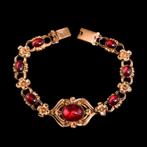 Antique Victorian 18ct Gold Garnet Cabochon Flower Bracelet - C.1840