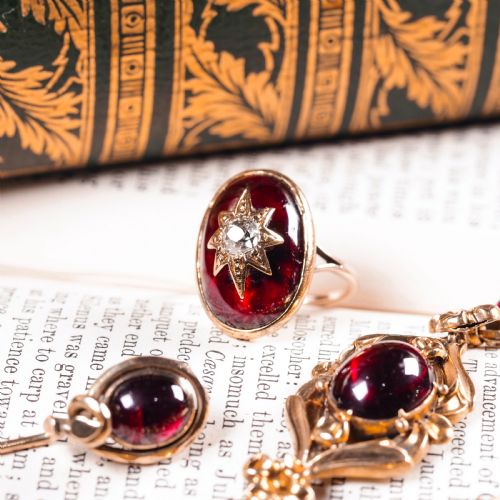 fig 3. Large Antique Victorian 18ct Gold Garnet Cabochon & Diamond Star Ring - c.1860