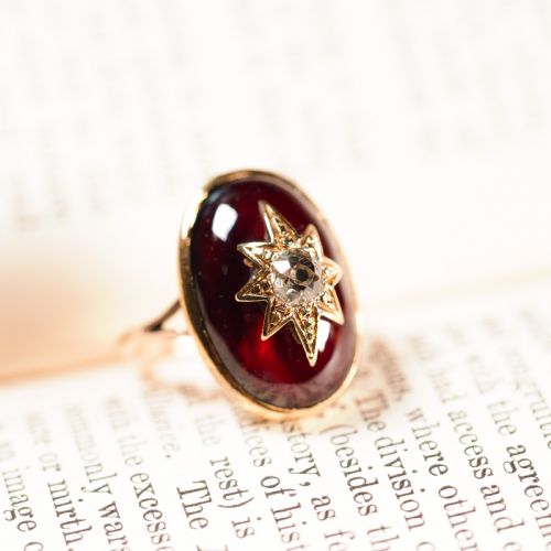 fig 4. Large Antique Victorian 18ct Gold Garnet Cabochon & Diamond Star Ring - c.1860