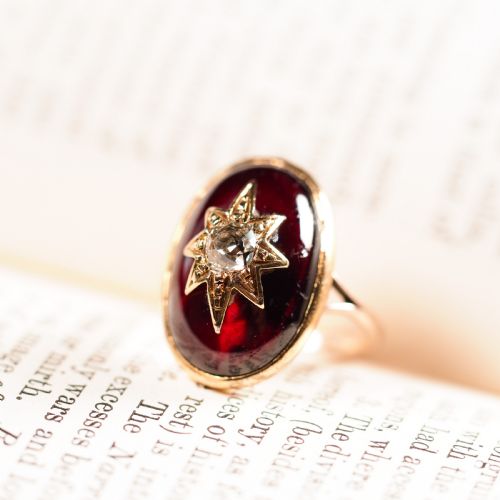 fig 5. Large Antique Victorian 18ct Gold Garnet Cabochon & Diamond Star Ring - c.1860