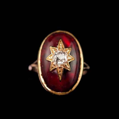 fig 6. Large Antique Victorian 18ct Gold Garnet Cabochon & Diamond Star Ring - c.1860