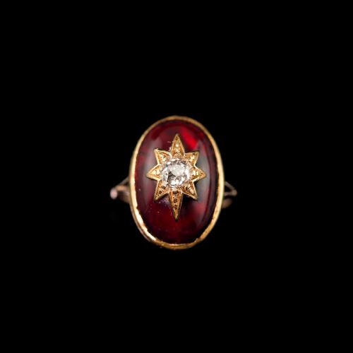 fig 7. Large Antique Victorian 18ct Gold Garnet Cabochon & Diamond Star Ring - c.1860