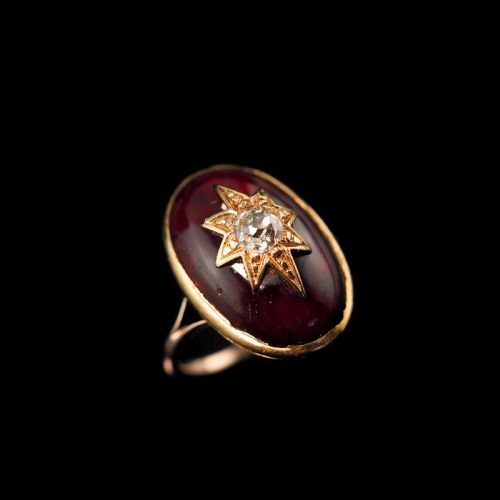 fig 8. Large Antique Victorian 18ct Gold Garnet Cabochon & Diamond Star Ring - c.1860