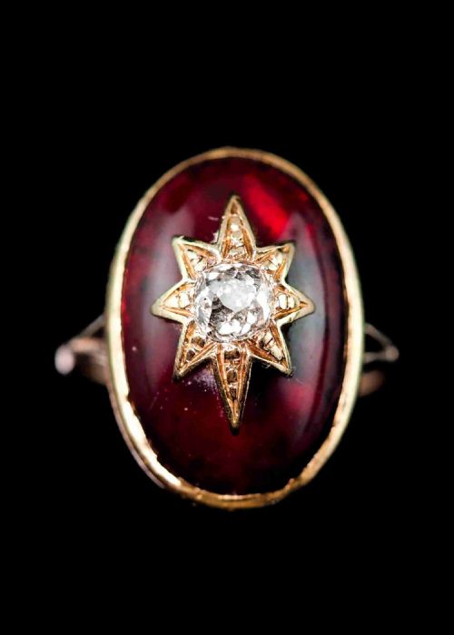 Large Antique Victorian 18ct Gold Garnet Cabochon & Diamond Star Ring - C.1860