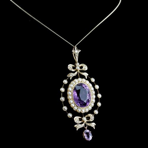 fig 1. Antique Edwardian Amethyst & Seed Pearl 9K Gold Necklace Pendant - c.1905