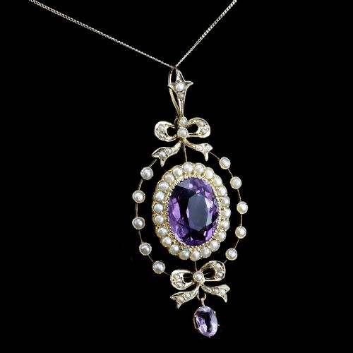 fig 2. Antique Edwardian Amethyst & Seed Pearl 9K Gold Necklace Pendant - c.1905