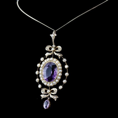 fig 3. Antique Edwardian Amethyst & Seed Pearl 9K Gold Necklace Pendant - c.1905
