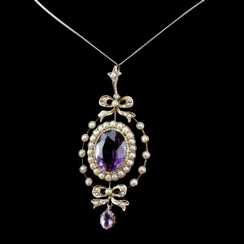 fig 5. Antique Edwardian Amethyst & Seed Pearl 9K Gold Necklace Pendant - c.1905