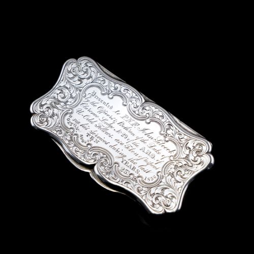 fig 1. Antique Victorian Solid Silver Snuff Box with Fine Engravings Cartouche Design - Edward Smith 1850