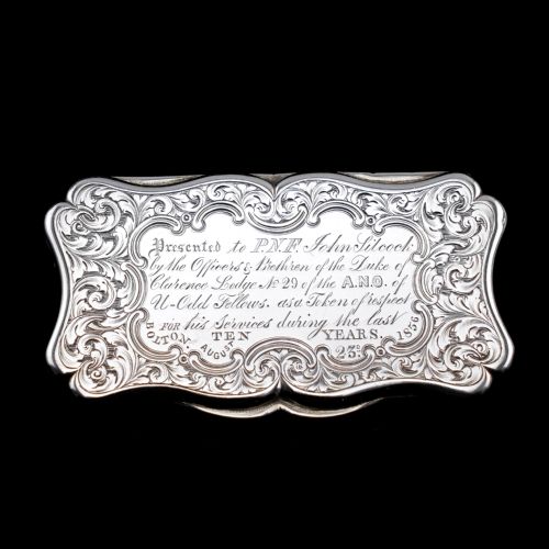 fig 2. Antique Victorian Solid Silver Snuff Box with Fine Engravings Cartouche Design - Edward Smith 1850