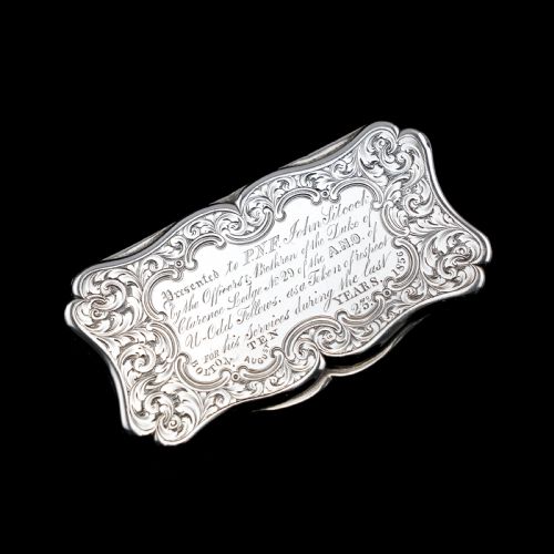 fig 3. Antique Victorian Solid Silver Snuff Box with Fine Engravings Cartouche Design - Edward Smith 1850
