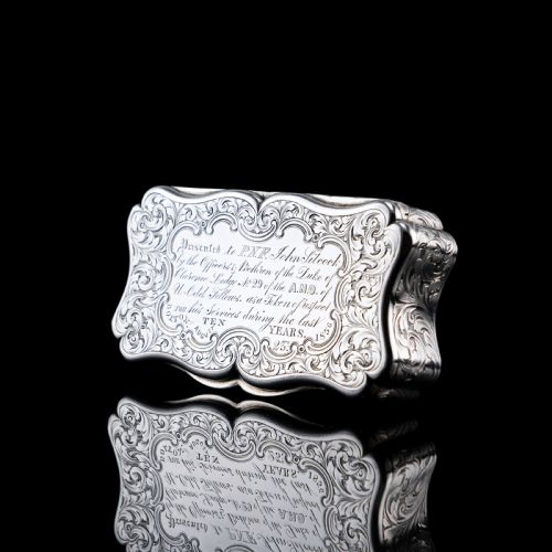 fig 7. Antique Victorian Solid Silver Snuff Box with Fine Engravings Cartouche Design - Edward Smith 1850