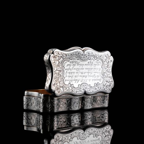 fig 9. Antique Victorian Solid Silver Snuff Box with Fine Engravings Cartouche Design - Edward Smith 1850