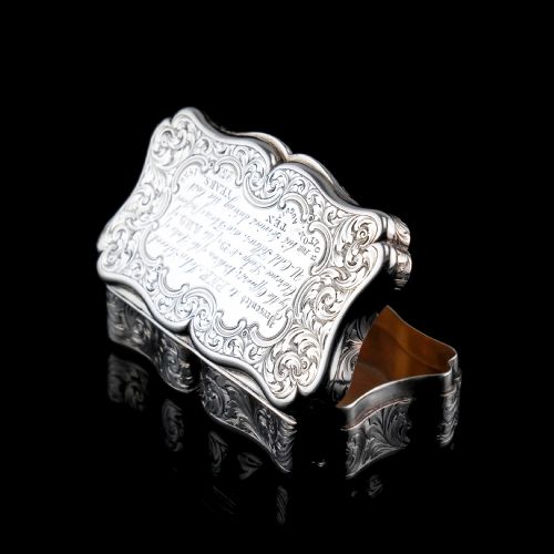 fig 10. Antique Victorian Solid Silver Snuff Box with Fine Engravings Cartouche Design - Edward Smith 1850