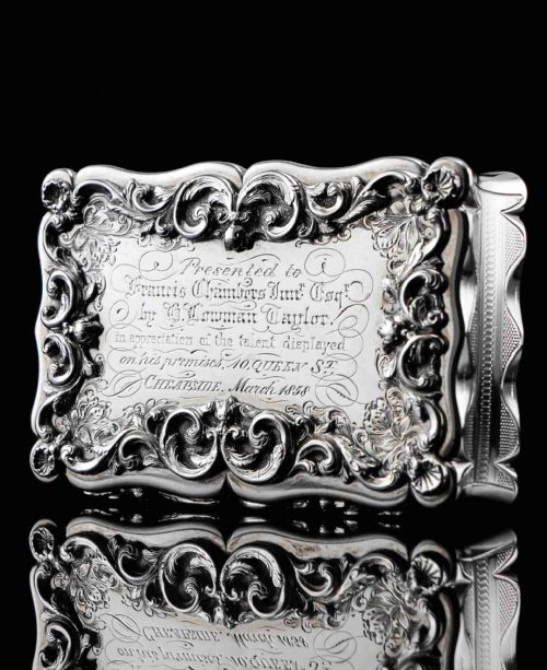 A Large Victorian Solid Silver Snuff Box with Cast Border - Edward Smith 1847