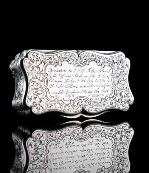 Antique Victorian Solid Silver Snuff Box with Fine Engravings Cartouche Design - Edward Smith 1850