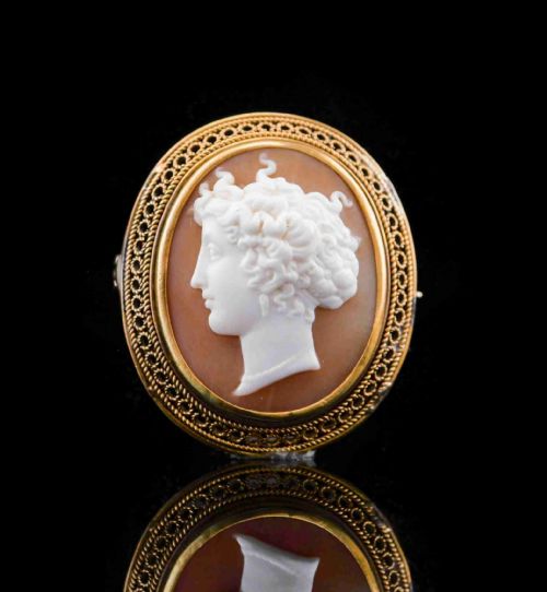 Antique Victorian 15ct Gold Carved Shell Cameo with Figural Lady Head - C.1890