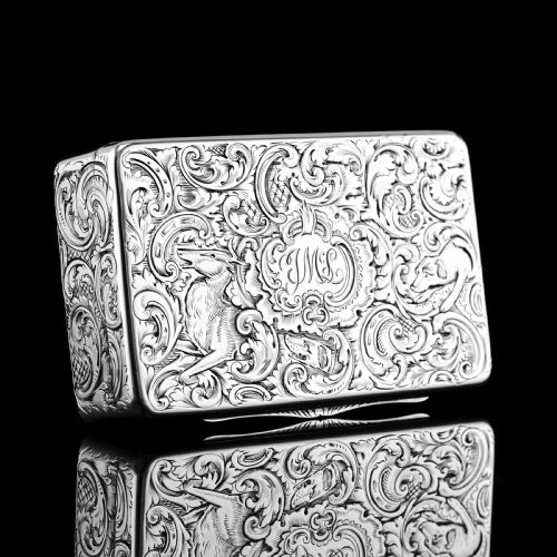 fig 1. Antique Solid Silver Snuff Box with Marvellous Hunting Forest Scene Engraving - Charles Rawlings & William Summers 1837