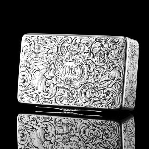 fig 2. Antique Solid Silver Snuff Box with Marvellous Hunting Forest Scene Engraving - Charles Rawlings & William Summers 1837