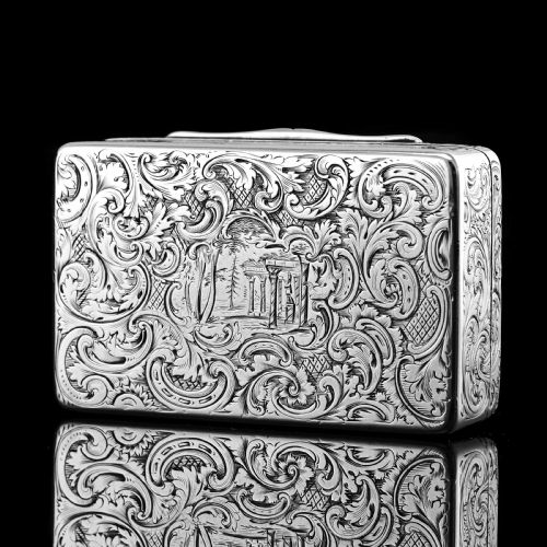 fig 3. Antique Solid Silver Snuff Box with Marvellous Hunting Forest Scene Engraving - Charles Rawlings & William Summers 1837