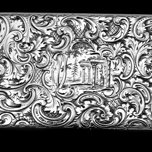 fig 9. Antique Solid Silver Snuff Box with Marvellous Hunting Forest Scene Engraving - Charles Rawlings & William Summers 1837