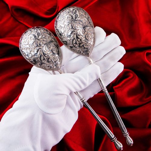 fig 1. Magnificent Large Antique Pair of Imperial Russian Solid Silver Niello Spoons - Volkov Karp Nikit c.1910