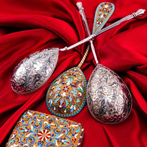 fig 4. Magnificent Large Antique Pair of Imperial Russian Solid Silver Niello Spoons - Volkov Karp Nikit c.1910