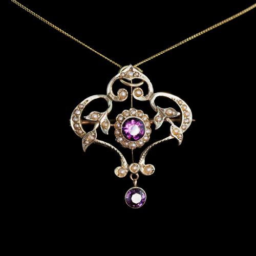 Antique Edwardian 9ct Gold Seed Pearl and Purple Amethyst-coloured Paste Pendant Necklace - C.1910