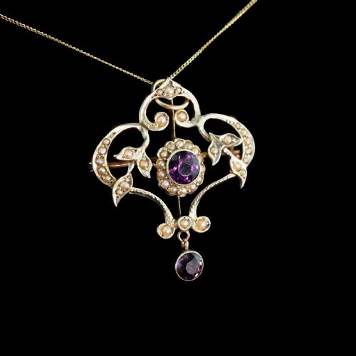 fig 1. Antique Edwardian 9ct Gold Seed Pearl and Purple Amethyst-Coloured Paste Pendant Necklace - c.1910
