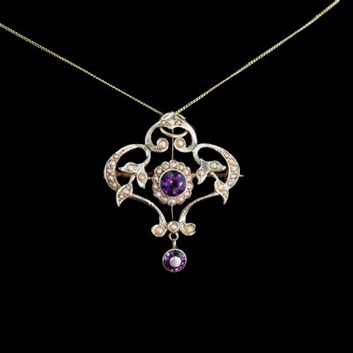 fig 2. Antique Edwardian 9ct Gold Seed Pearl and Purple Amethyst-Coloured Paste Pendant Necklace - c.1910