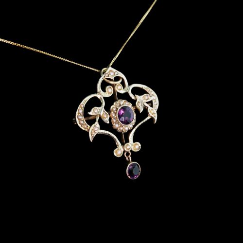 fig 3. Antique Edwardian 9ct Gold Seed Pearl and Purple Amethyst-Coloured Paste Pendant Necklace - c.1910