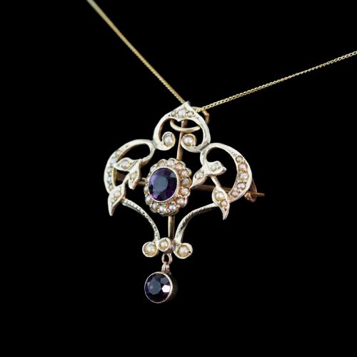 fig 4. Antique Edwardian 9ct Gold Seed Pearl and Purple Amethyst-Coloured Paste Pendant Necklace - c.1910