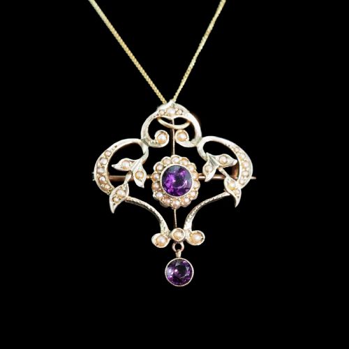 fig 7. Antique Edwardian 9ct Gold Seed Pearl and Purple Amethyst-Coloured Paste Pendant Necklace - c.1910