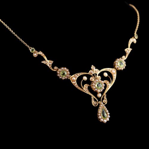 fig 4. Antique 15ct Gold Peridot & Pearl Lavalier Necklace - Art Nouveau c.1900s