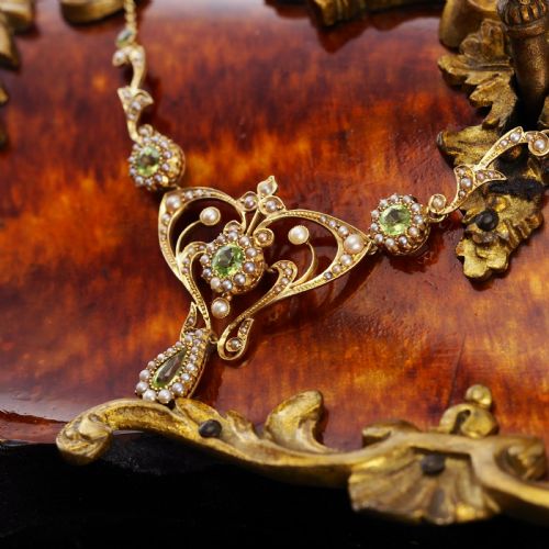 fig 5. Antique 15ct Gold Peridot & Pearl Lavalier Necklace - Art Nouveau c.1900s