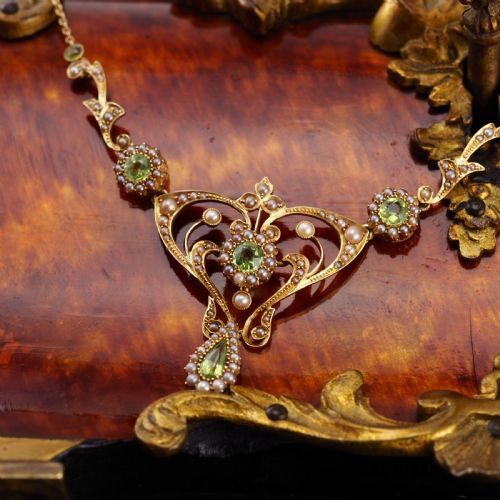 fig 6. Antique 15ct Gold Peridot & Pearl Lavalier Necklace - Art Nouveau c.1900s