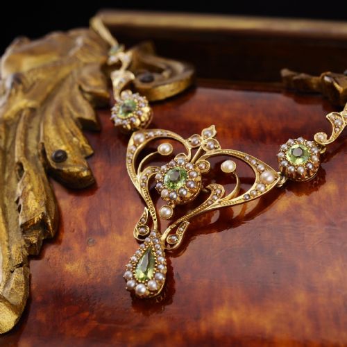 fig 8. Antique 15ct Gold Peridot & Pearl Lavalier Necklace - Art Nouveau c.1900s