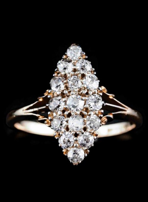 Antique Diamond Ring 18ct Gold Navette/cluster Design - C.1900s