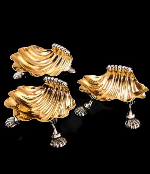 Antique Georgian Solid Sterling Silver Salts Cellars/trio Set of Shell Scallop Dishes - J T Younge, Walker & Crowder 1807