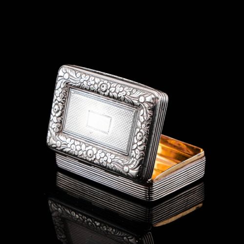 Antique Georgian Silver Snuff Box with Floral Border - Thomas Wilkes Barker 1824