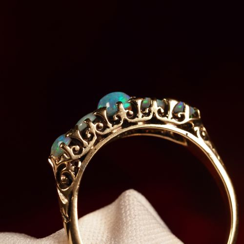 fig 2. Antique Opal 14ct Gold Ring with 5 Cabochons & Fleur-de-lis Setting - Victorian c.1890