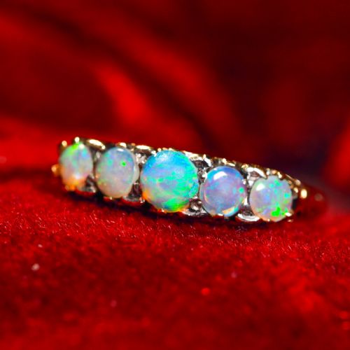 fig 4. Antique Opal 14ct Gold Ring with 5 Cabochons & Fleur-de-lis Setting - Victorian c.1890
