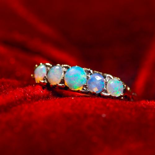 fig 5. Antique Opal 14ct Gold Ring with 5 Cabochons & Fleur-de-lis Setting - Victorian c.1890