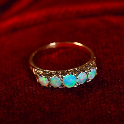 fig 6. Antique Opal 14ct Gold Ring with 5 Cabochons & Fleur-de-lis Setting - Victorian c.1890