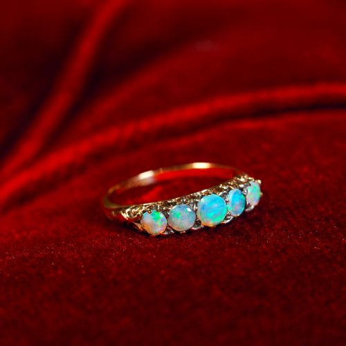 fig 8. Antique Opal 14ct Gold Ring with 5 Cabochons & Fleur-de-lis Setting - Victorian c.1890