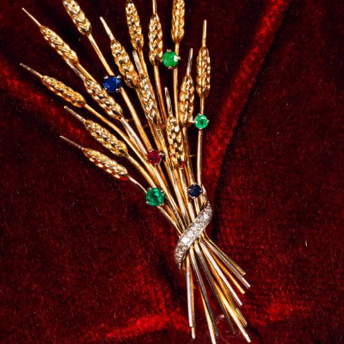 fig 2. Antique 9ct Gold Harvest Wheat Brooch with Emeralds, Sapphires, Diamonds & Ruby
