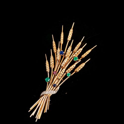 fig 3. Antique 9ct Gold Harvest Wheat Brooch with Emeralds, Sapphires, Diamonds & Ruby