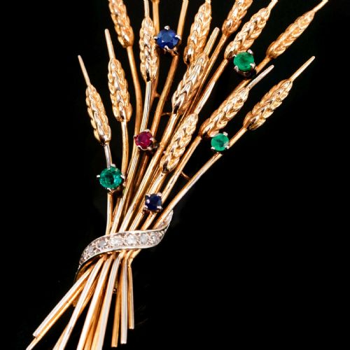 fig 5. Antique 9ct Gold Harvest Wheat Brooch with Emeralds, Sapphires, Diamonds & Ruby