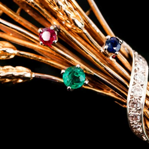 fig 6. Antique 9ct Gold Harvest Wheat Brooch with Emeralds, Sapphires, Diamonds & Ruby