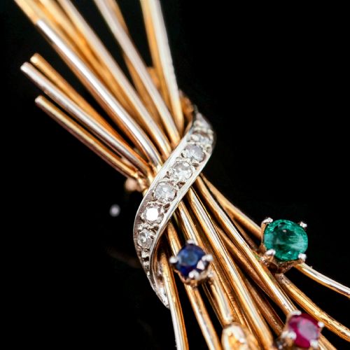 fig 7. Antique 9ct Gold Harvest Wheat Brooch with Emeralds, Sapphires, Diamonds & Ruby